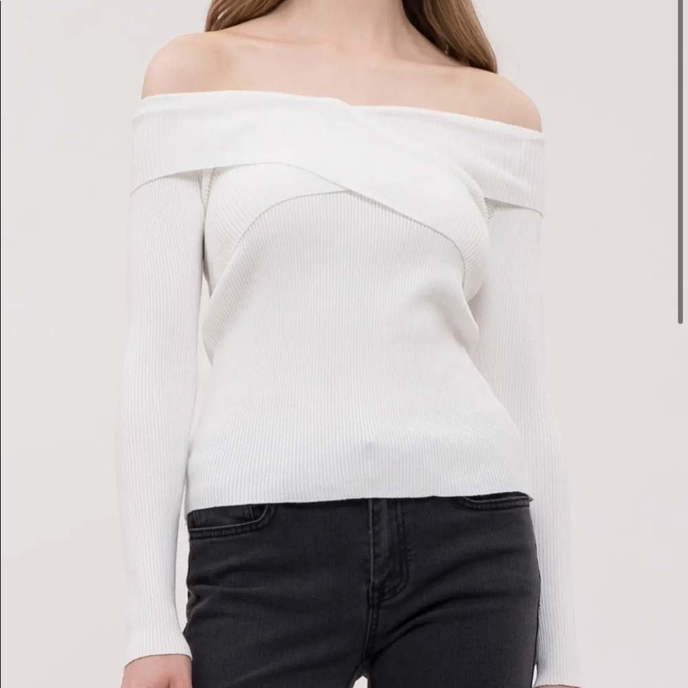 JOA off the shoulder criss cross sweater